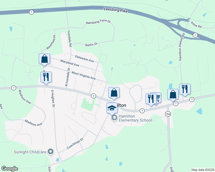 map of restaurants, bars, coffee shops, grocery stores, and more near 104 North Rogers Street in Hamilton