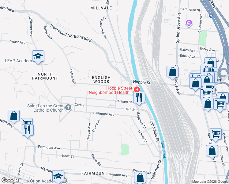 map of restaurants, bars, coffee shops, grocery stores, and more near 1704 Pulte Street in Cincinnati