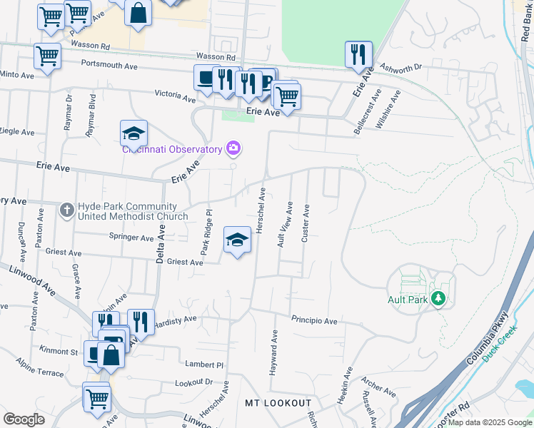 map of restaurants, bars, coffee shops, grocery stores, and more near 1422 Herschel Avenue in Cincinnati