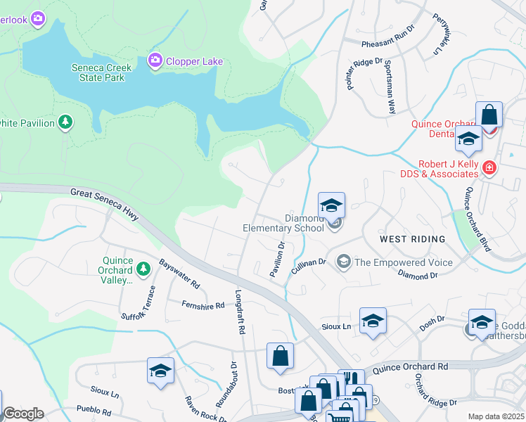 map of restaurants, bars, coffee shops, grocery stores, and more near 30 Pavilion Drive in Gaithersburg