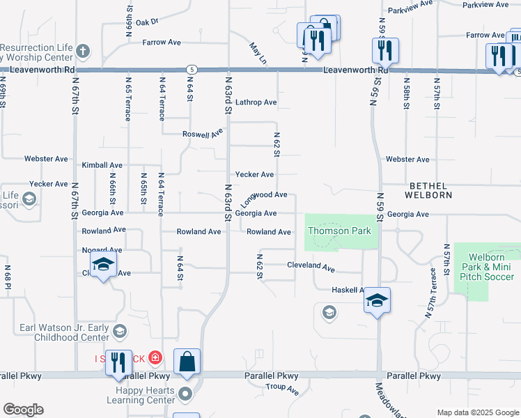 map of restaurants, bars, coffee shops, grocery stores, and more near 6206 Georgia Avenue in Kansas City