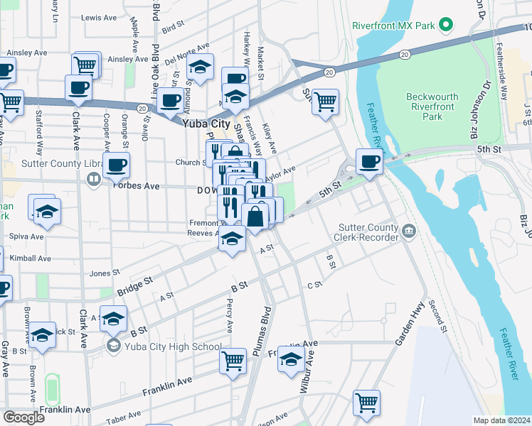 map of restaurants, bars, coffee shops, grocery stores, and more near 614 Shasta Street in Yuba City