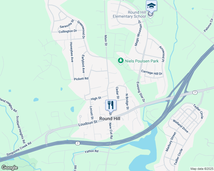 map of restaurants, bars, coffee shops, grocery stores, and more near 36 Main Street in Round Hill