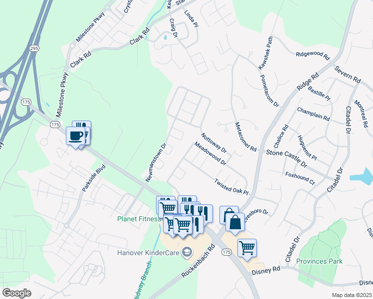 map of restaurants, bars, coffee shops, grocery stores, and more near 8321 Meadowood Drive in Hanover