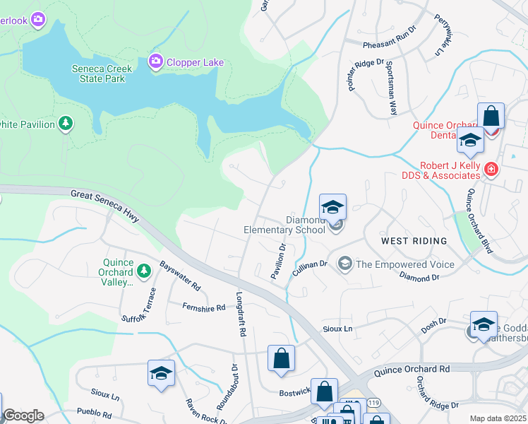 map of restaurants, bars, coffee shops, grocery stores, and more near 30 Pavilion Drive in Gaithersburg