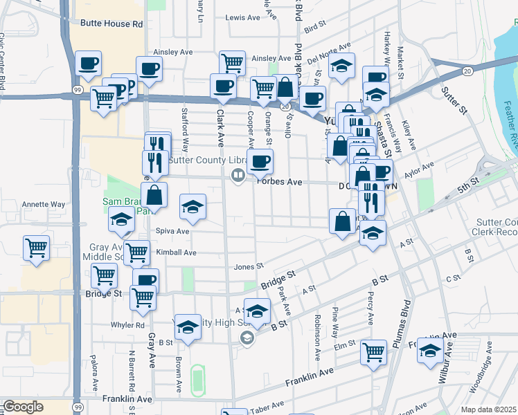 map of restaurants, bars, coffee shops, grocery stores, and more near 759 Cooper Avenue in Yuba City
