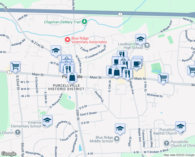 map of restaurants, bars, coffee shops, grocery stores, and more near 360 East Main Street in Purcellville