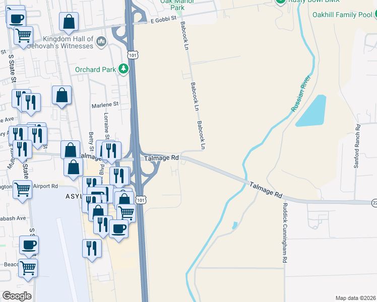 map of restaurants, bars, coffee shops, grocery stores, and more near 20542 Caldwell Frontage Road in Ukiah