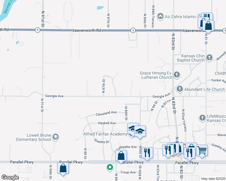 map of restaurants, bars, coffee shops, grocery stores, and more near 2719 North 86th Terrace in Kansas City