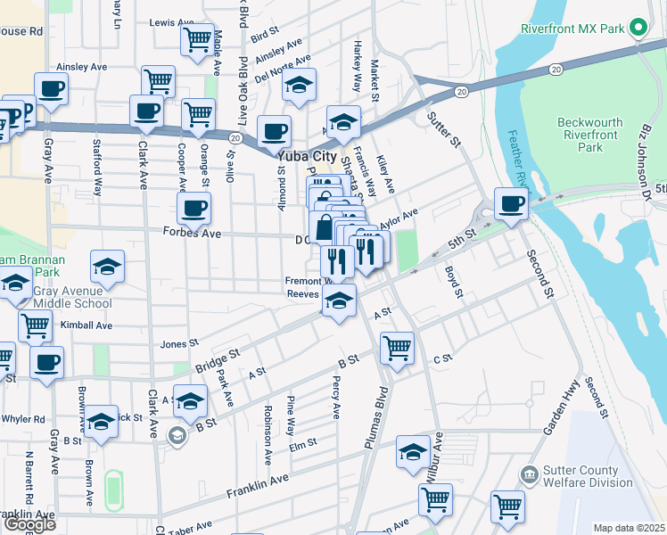 map of restaurants, bars, coffee shops, grocery stores, and more near 517 Scott Street in Yuba City