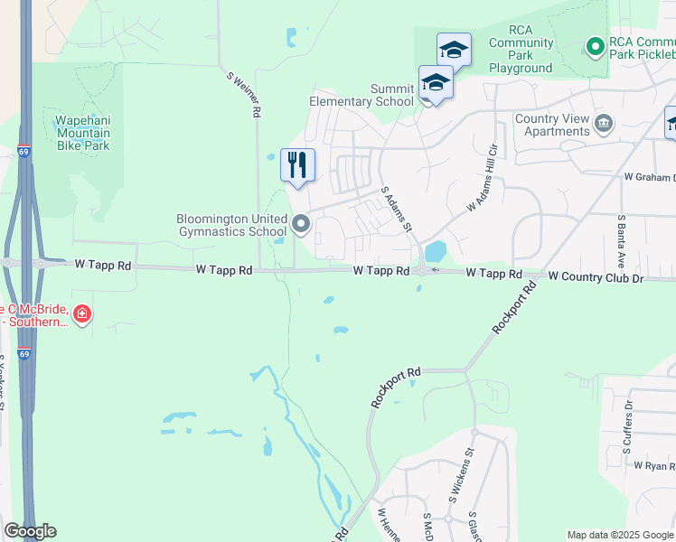 map of restaurants, bars, coffee shops, grocery stores, and more near 2295 West Tapp Road in Bloomington