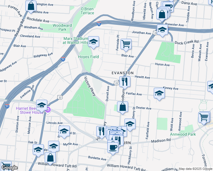 map of restaurants, bars, coffee shops, grocery stores, and more near 3143 Durrell Avenue in Cincinnati