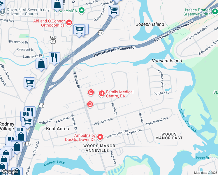 map of restaurants, bars, coffee shops, grocery stores, and more near 97 Glenda Road in Dover