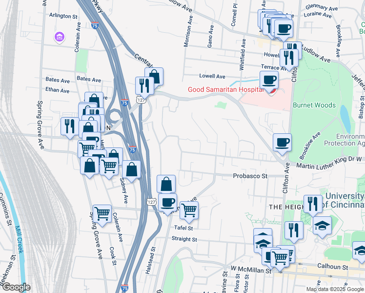 map of restaurants, bars, coffee shops, grocery stores, and more near 678 Riddle Road in Cincinnati