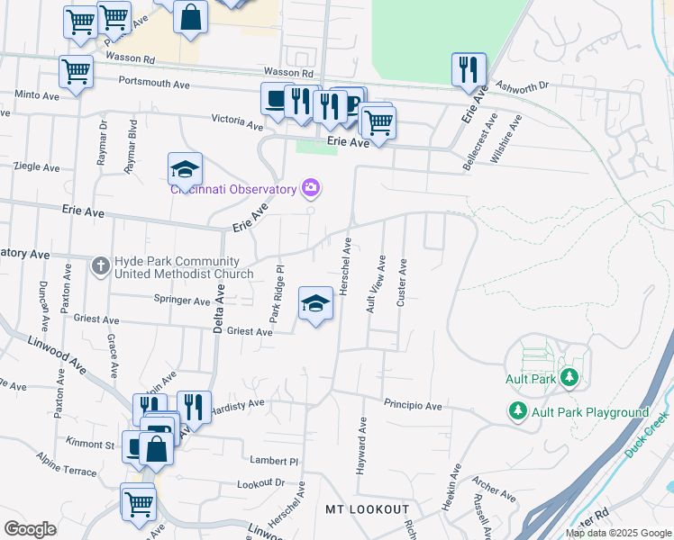 map of restaurants, bars, coffee shops, grocery stores, and more near 1421 Herschel Avenue in Cincinnati