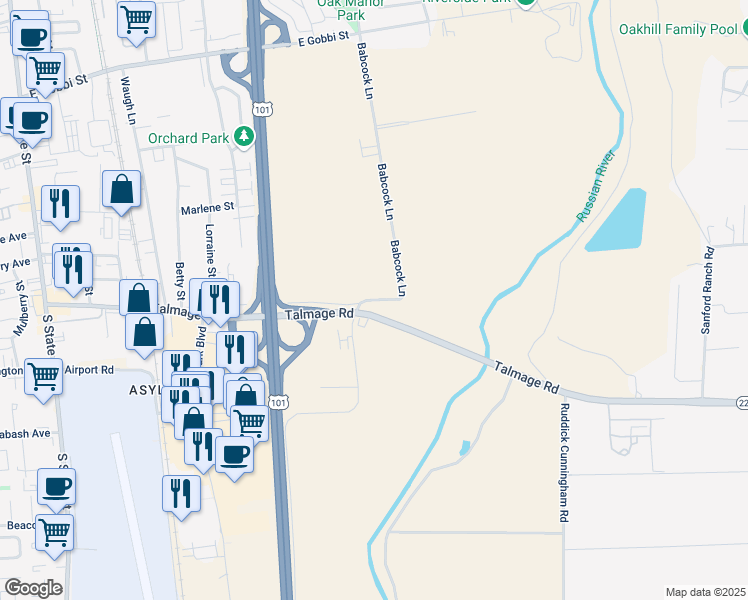 map of restaurants, bars, coffee shops, grocery stores, and more near 20542 Caldwell Frontage Road in Ukiah