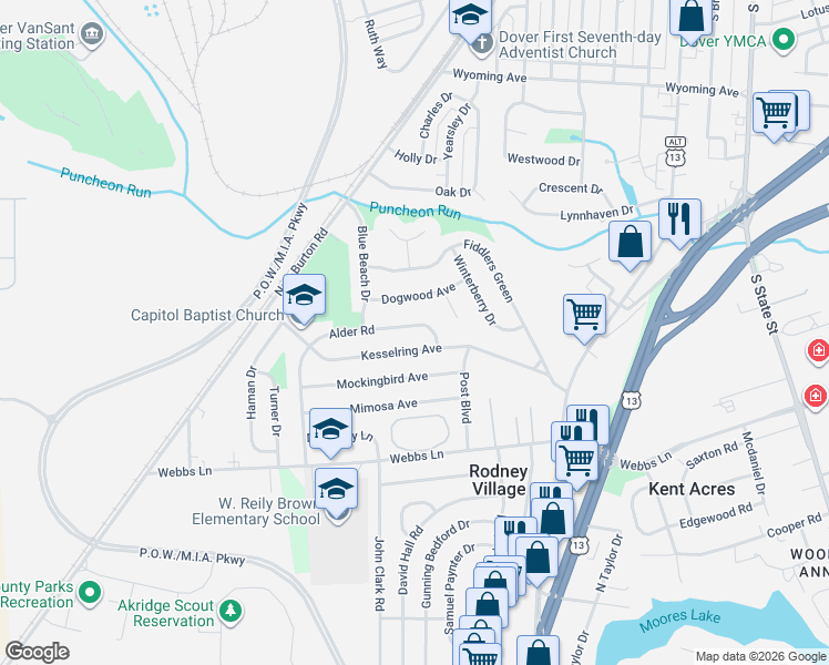 map of restaurants, bars, coffee shops, grocery stores, and more near 310 Alder Road in Dover