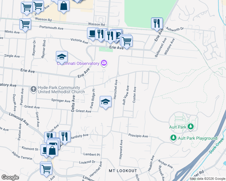 map of restaurants, bars, coffee shops, grocery stores, and more near 1417 Herschel Avenue in Cincinnati