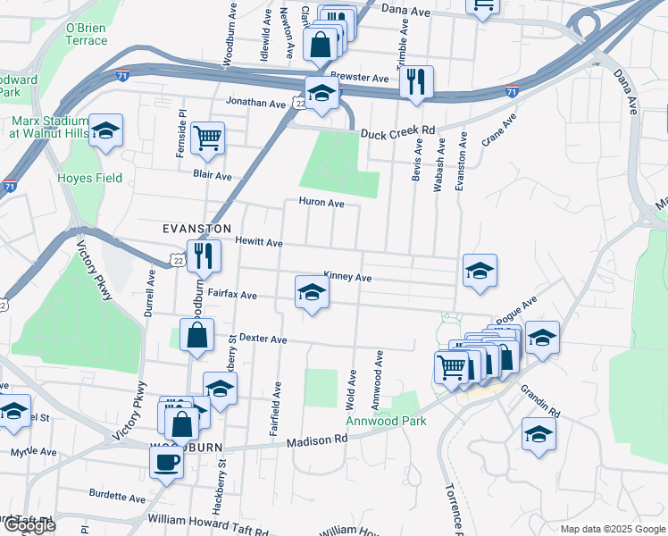 map of restaurants, bars, coffee shops, grocery stores, and more near 1854 Kinney Avenue in Cincinnati