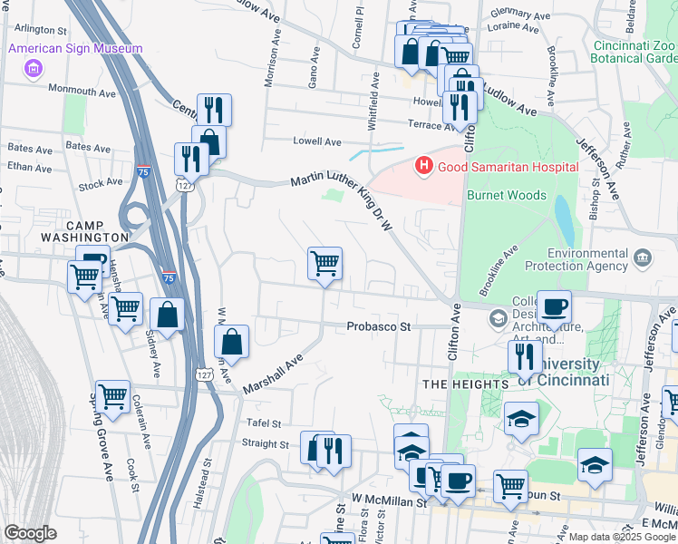 map of restaurants, bars, coffee shops, grocery stores, and more near 508 Riddle Road in Cincinnati
