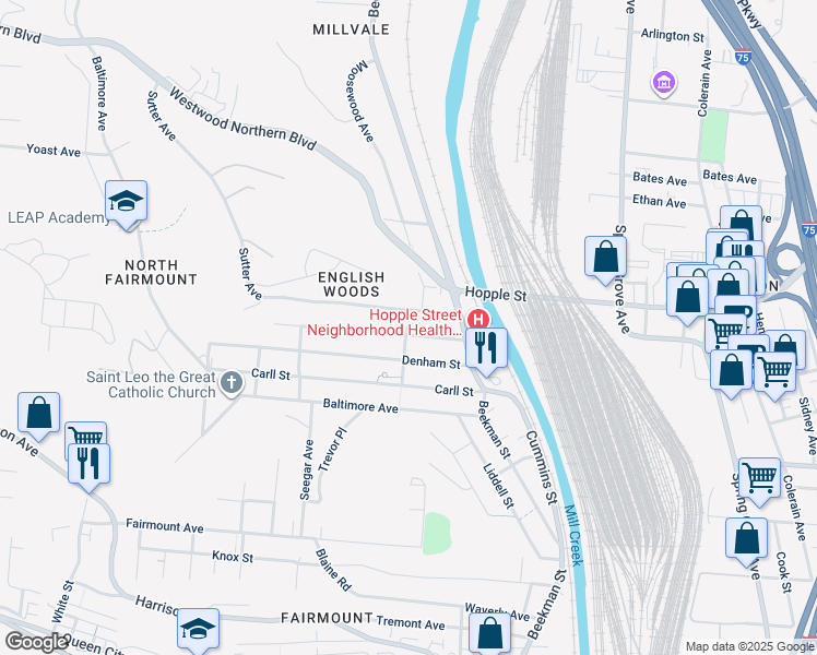 map of restaurants, bars, coffee shops, grocery stores, and more near 1704 Pulte Street in Cincinnati