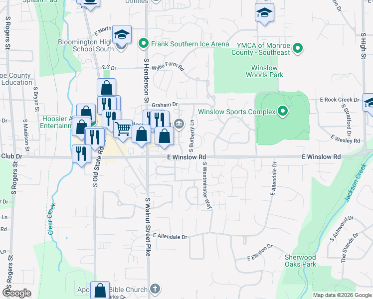 map of restaurants, bars, coffee shops, grocery stores, and more near 2496 South Burberry Lane in Bloomington