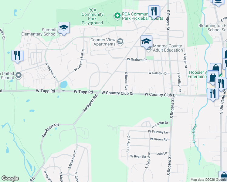 map of restaurants, bars, coffee shops, grocery stores, and more near 1000 W Country Club Dr in Bloomington
