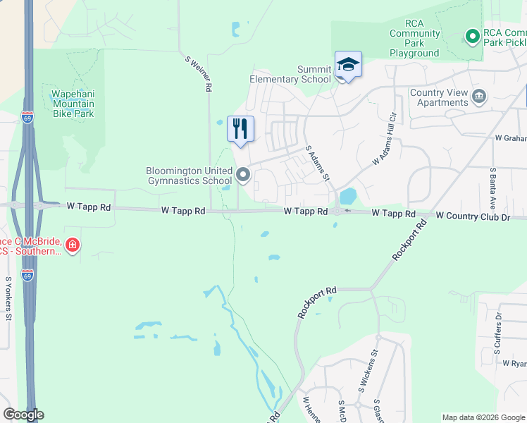 map of restaurants, bars, coffee shops, grocery stores, and more near 2123-2345 West Tapp Road in Bloomington