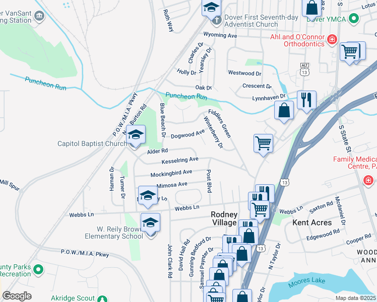 map of restaurants, bars, coffee shops, grocery stores, and more near 310 Alder Road in Dover