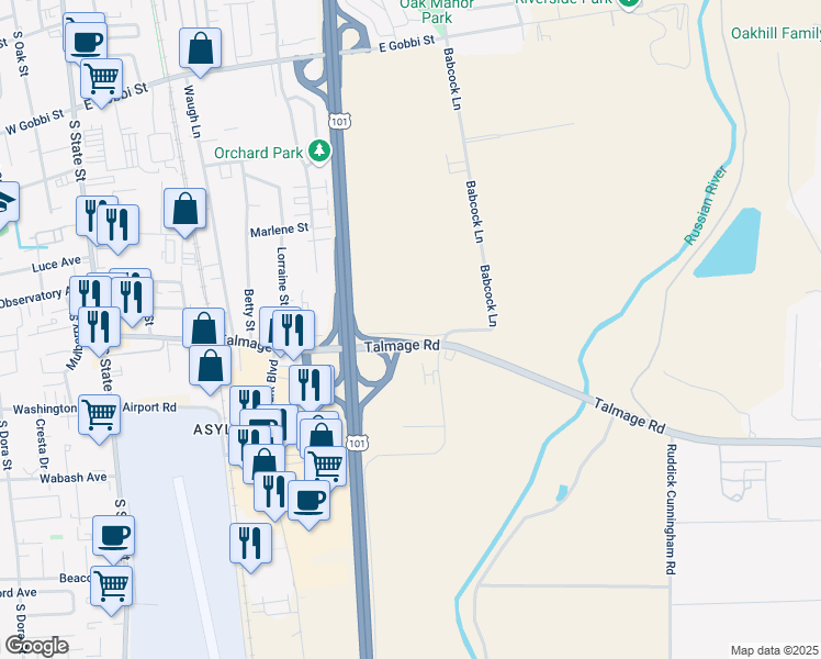 map of restaurants, bars, coffee shops, grocery stores, and more near 20542 Caldwell Frontage Road in Ukiah