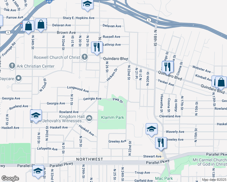 map of restaurants, bars, coffee shops, grocery stores, and more near 2831 North 26 Street in Kansas City