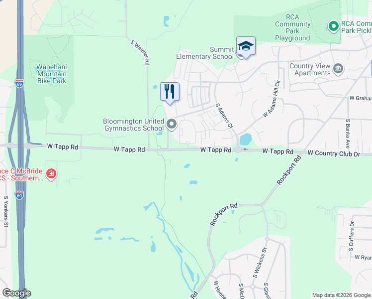map of restaurants, bars, coffee shops, grocery stores, and more near 2295 West Tapp Road in Bloomington