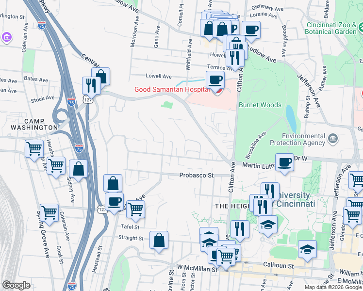 map of restaurants, bars, coffee shops, grocery stores, and more near 508 Riddle Road in Cincinnati