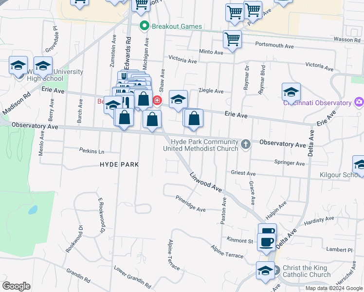 map of restaurants, bars, coffee shops, grocery stores, and more near 2829 Observatory Avenue in Cincinnati