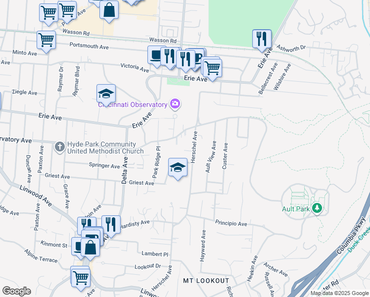 map of restaurants, bars, coffee shops, grocery stores, and more near 1417 Herschel Avenue in Cincinnati