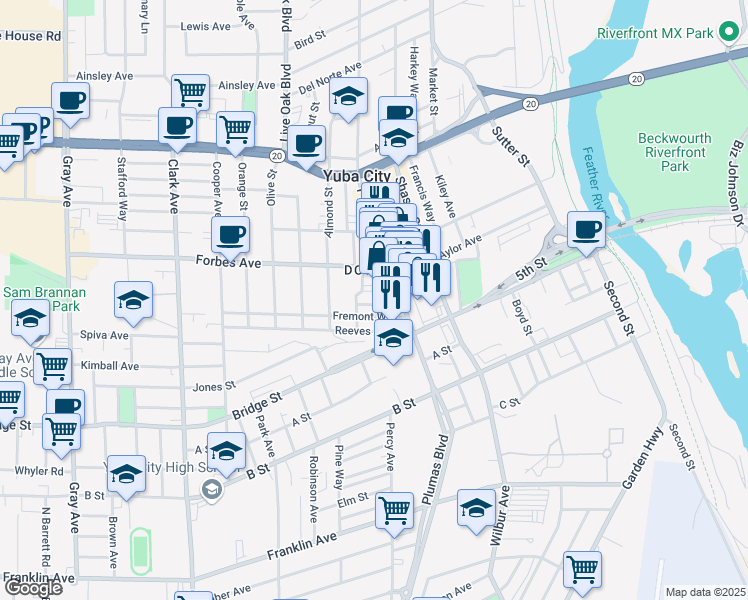 map of restaurants, bars, coffee shops, grocery stores, and more near 533 Scott Street in Yuba City