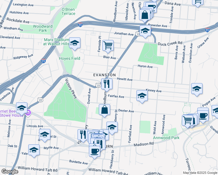 map of restaurants, bars, coffee shops, grocery stores, and more near 3204 Woodburn Avenue in Cincinnati