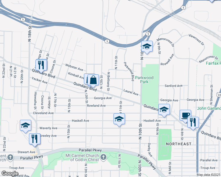 map of restaurants, bars, coffee shops, grocery stores, and more near 2815 North Bethany Street in Kansas City