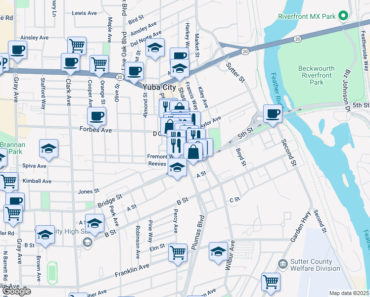 map of restaurants, bars, coffee shops, grocery stores, and more near 637 Plumas Street in Yuba City