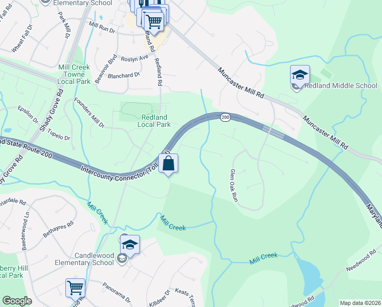 map of restaurants, bars, coffee shops, grocery stores, and more near 17105 Overhill Road in Rockville