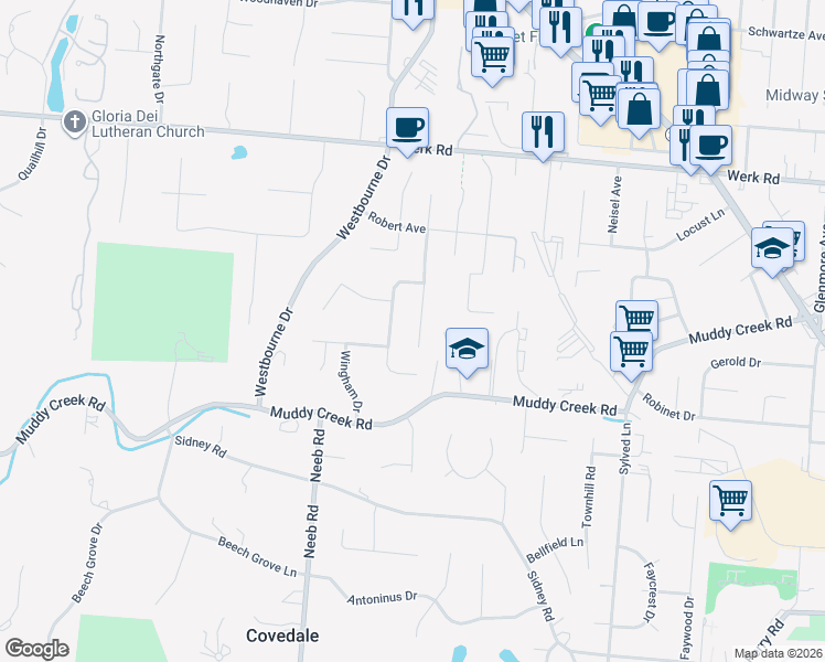 map of restaurants, bars, coffee shops, grocery stores, and more near 2661 Topichills Drive in Cincinnati