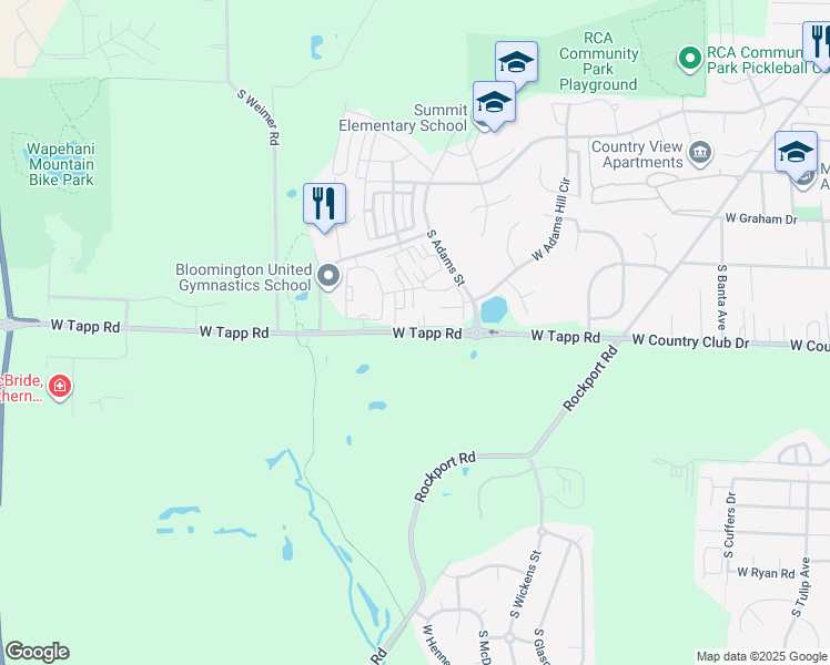 map of restaurants, bars, coffee shops, grocery stores, and more near 2123 West Tapp Road in Bloomington