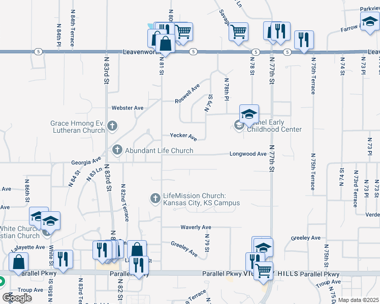 map of restaurants, bars, coffee shops, grocery stores, and more near 8002 Longwood Avenue in Kansas City