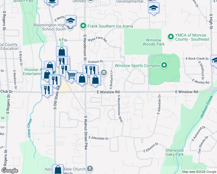 map of restaurants, bars, coffee shops, grocery stores, and more near 2496 South Burberry Lane in Bloomington