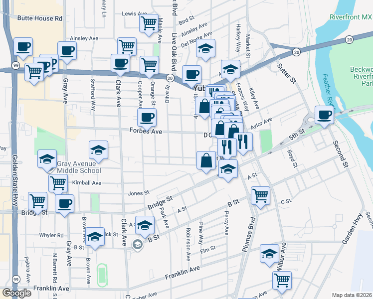 map of restaurants, bars, coffee shops, grocery stores, and more near 707 Chestnut Street in Yuba City