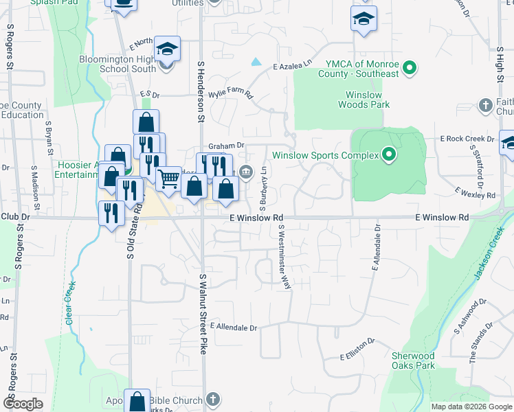 map of restaurants, bars, coffee shops, grocery stores, and more near 2496 South Burberry Lane in Bloomington