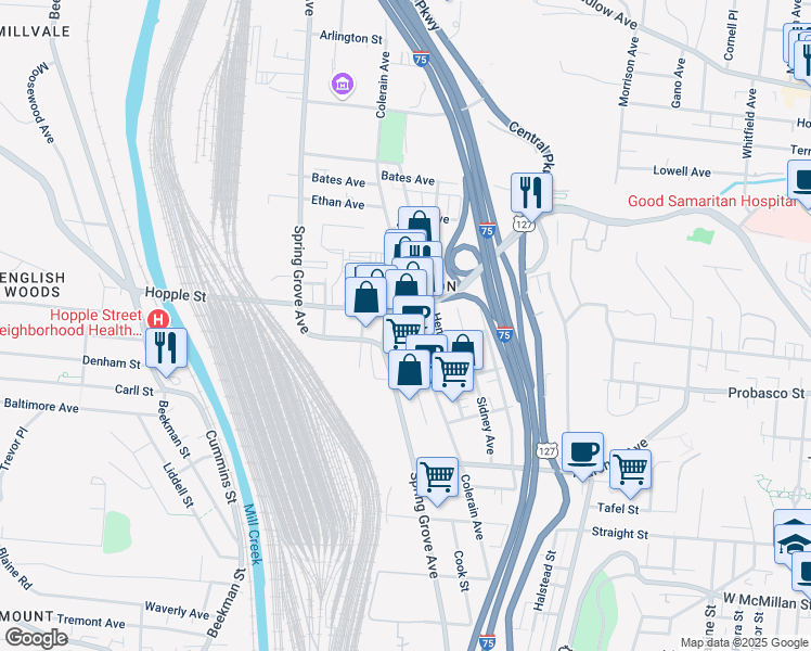 map of restaurants, bars, coffee shops, grocery stores, and more near 2960 Colerain Avenue in Cincinnati