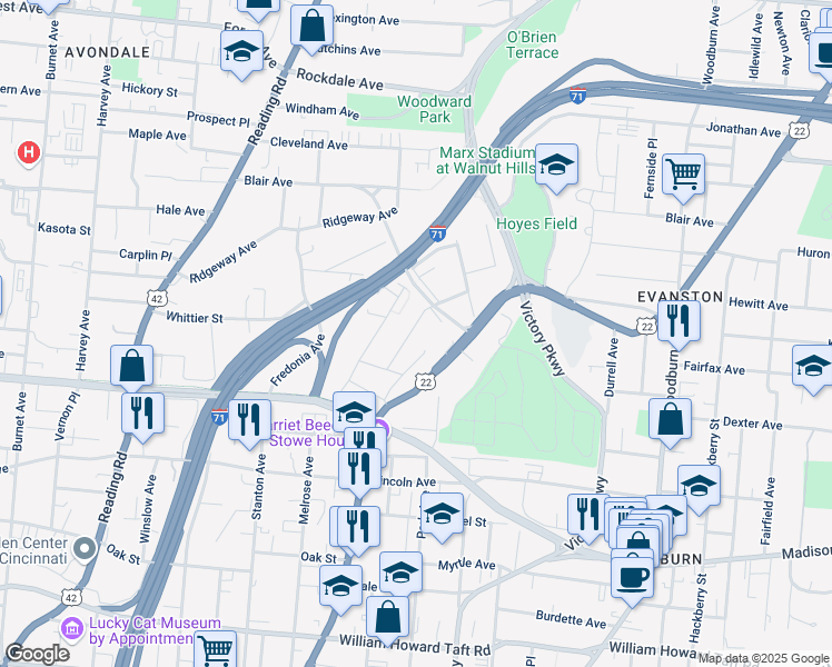 map of restaurants, bars, coffee shops, grocery stores, and more near 3044 Mathers Street in Cincinnati