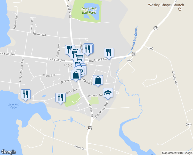 map of restaurants, bars, coffee shops, grocery stores, and more near 5735 Judefine Avenue in Rock Hall