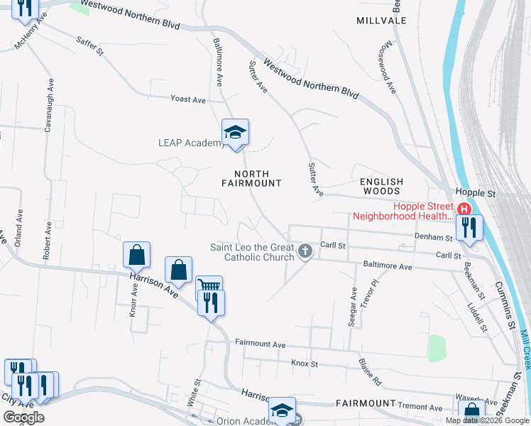 map of restaurants, bars, coffee shops, grocery stores, and more near 1918 Baltimore Avenue in Cincinnati